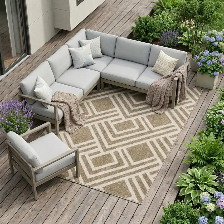 Beige and Ivory Geometric Indoor Outdoor Area Rug Photo 1