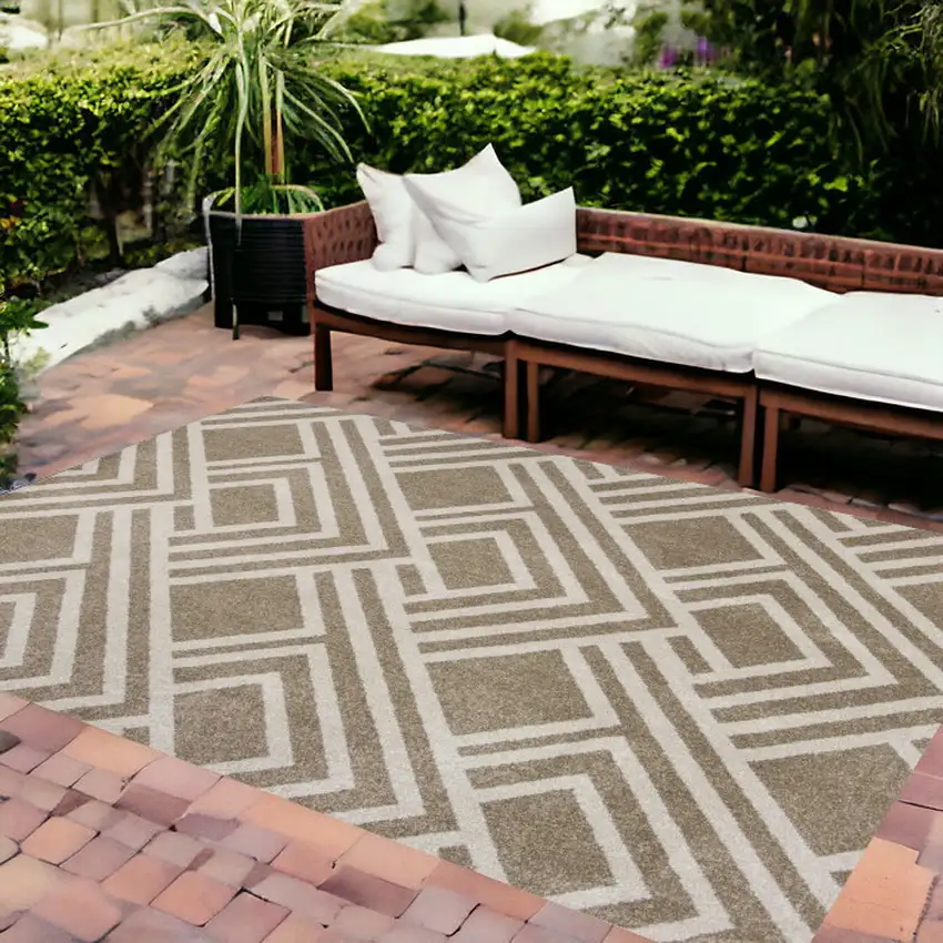 8'X11' Beige Machine Woven Uv Treated Geometric Indoor Outdoor Area Rug Photo 1
