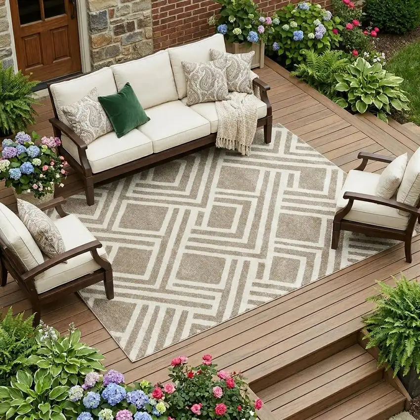 Beige Geometric Indoor Outdoor Area Rug Photo 1