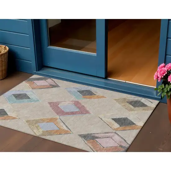 Beige Mauve And Charcoal Geometric Washable Indoor Outdoor Area Rug Photo 2