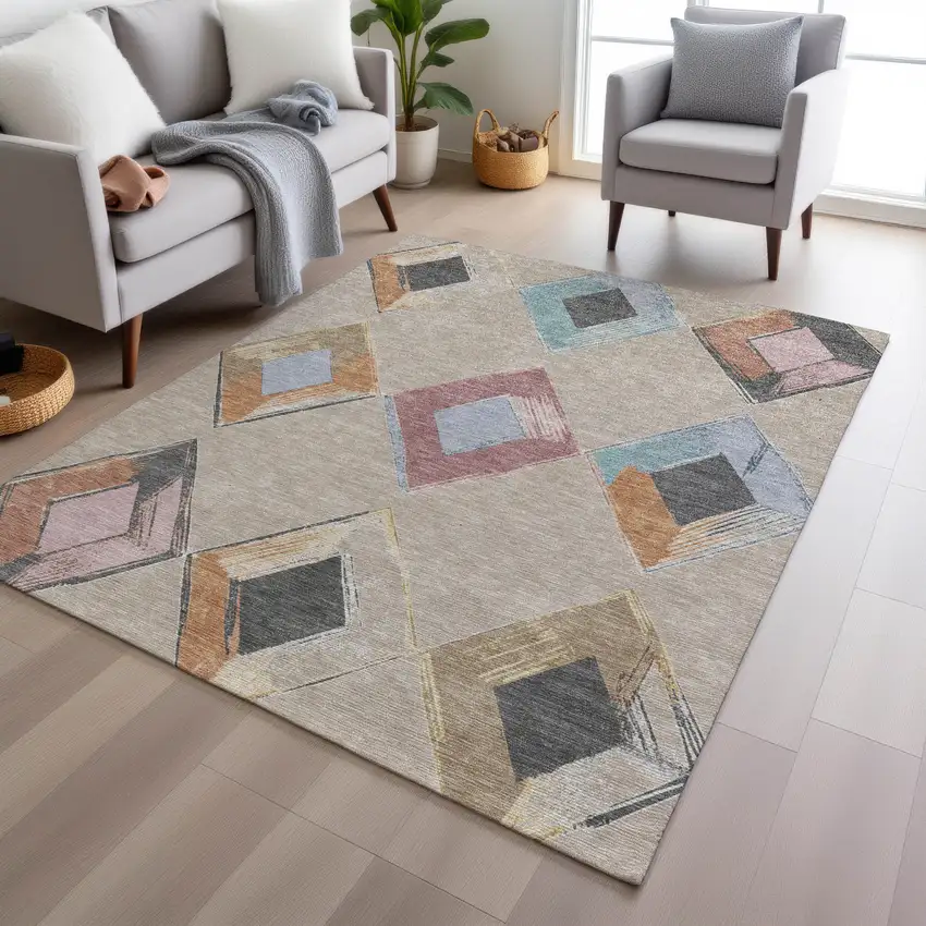 Beige Mauve And Charcoal Geometric Washable Indoor Outdoor Area Rug Photo 8