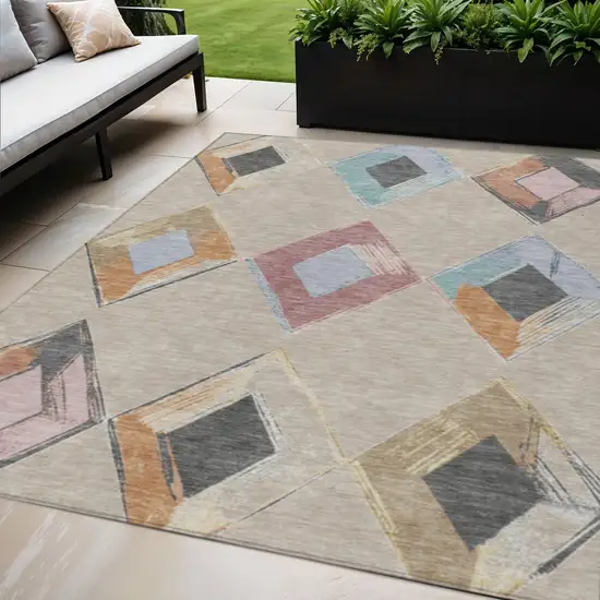 Beige Mauve And Charcoal Geometric Washable Indoor Outdoor Area Rug Photo 2