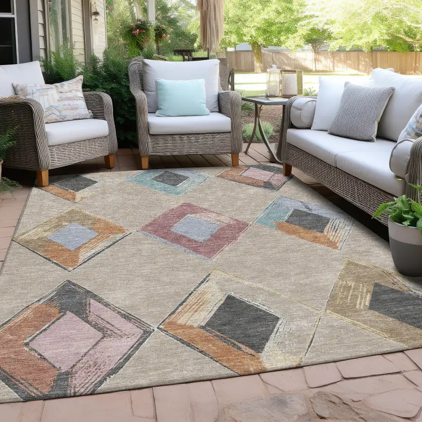 Beige Mauve And Charcoal Geometric Washable Indoor Outdoor Area Rug Photo 7