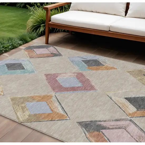 Beige Mauve And Charcoal Geometric Washable Indoor Outdoor Area Rug Photo 2