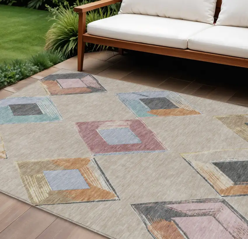 Beige Mauve And Charcoal Geometric Washable Indoor Outdoor Area Rug Photo 2