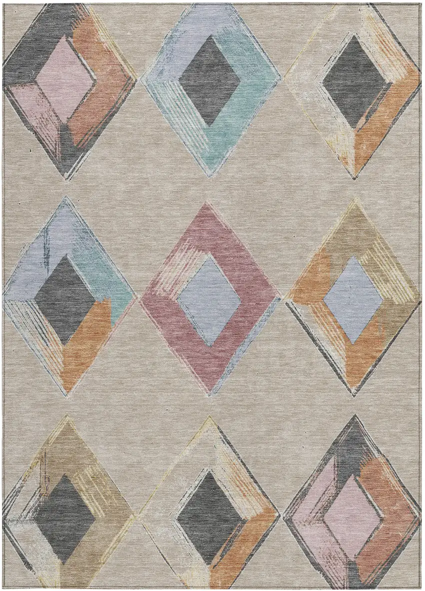 Beige Mauve And Charcoal Geometric Washable Indoor Outdoor Area Rug Photo 3