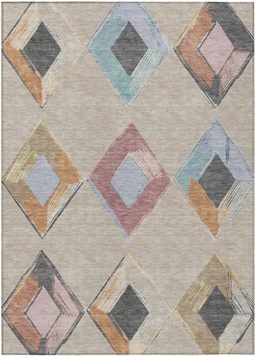 Beige Mauve And Charcoal Geometric Washable Indoor Outdoor Area Rug Photo 1