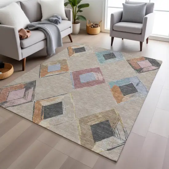 Beige Mauve And Charcoal Geometric Washable Indoor Outdoor Area Rug Photo 8