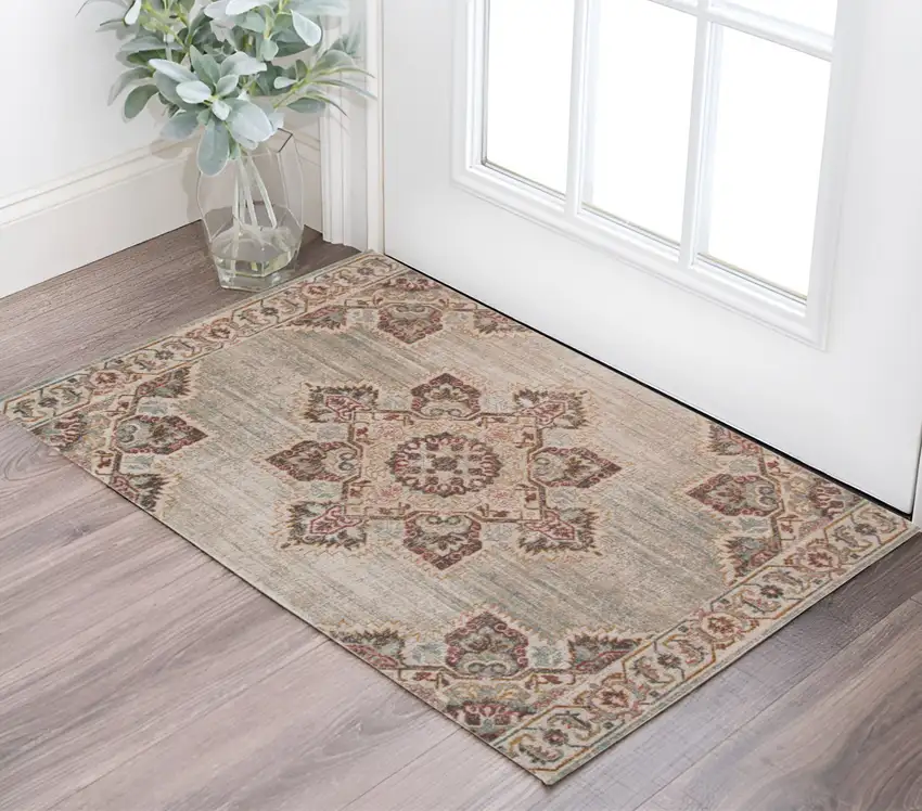 Beige and Rust Medallion Power Loom Area Rug Photo 1