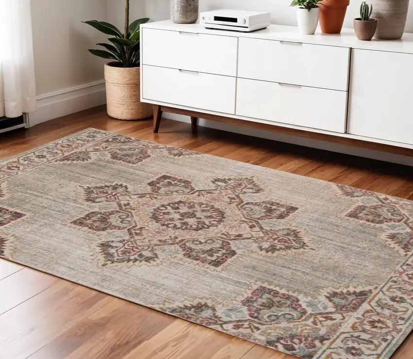 Beige and Rust Medallion Power Loom Area Rug Photo 1