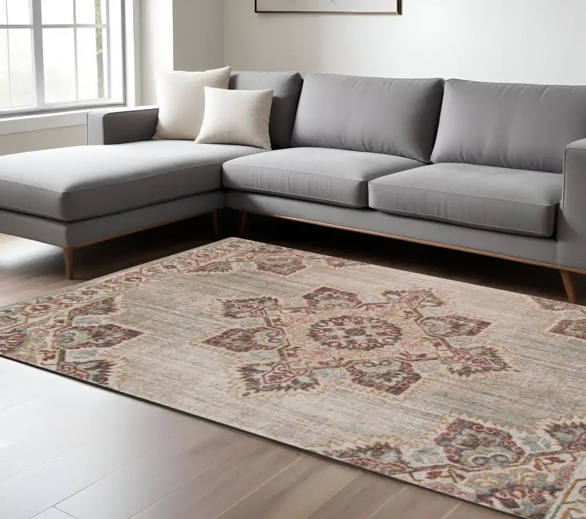 Beige and Rust Medallion Power Loom Area Rug Photo 1