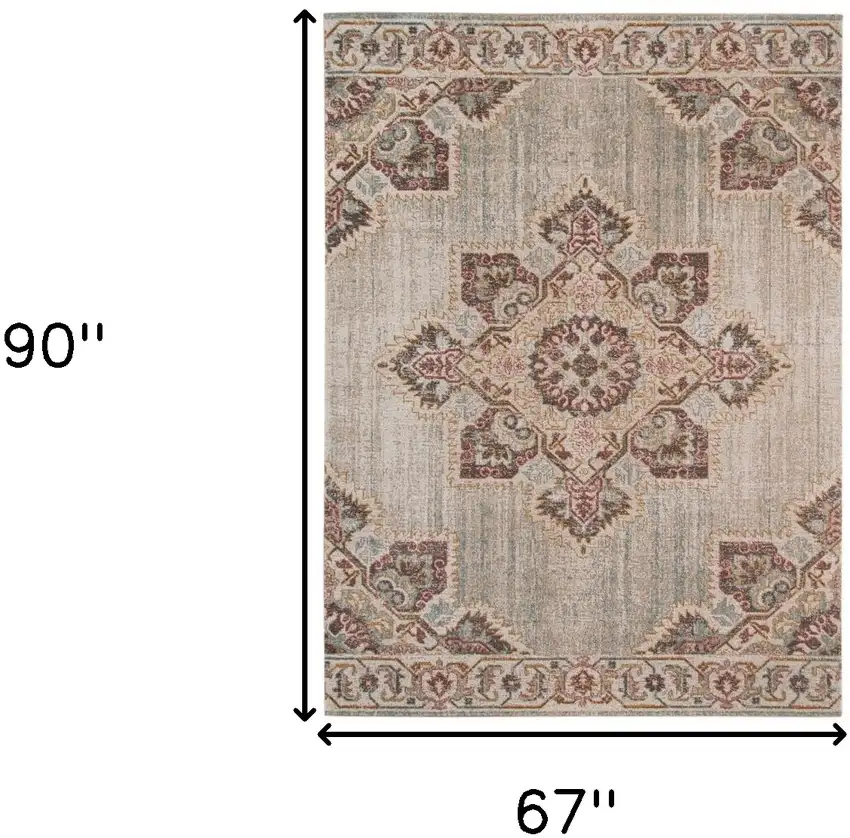 Beige Medallion Power Loom Area Rug With Fringe Photo 7