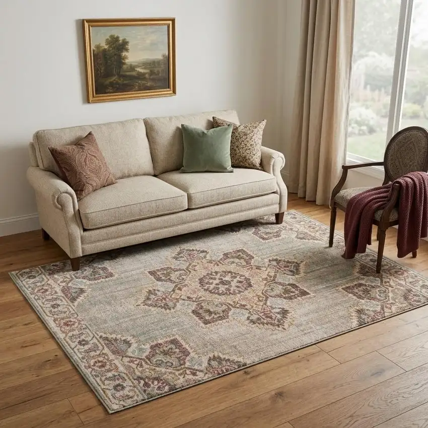 Beige Rust And Teal Medallion Area Rug Photo 1