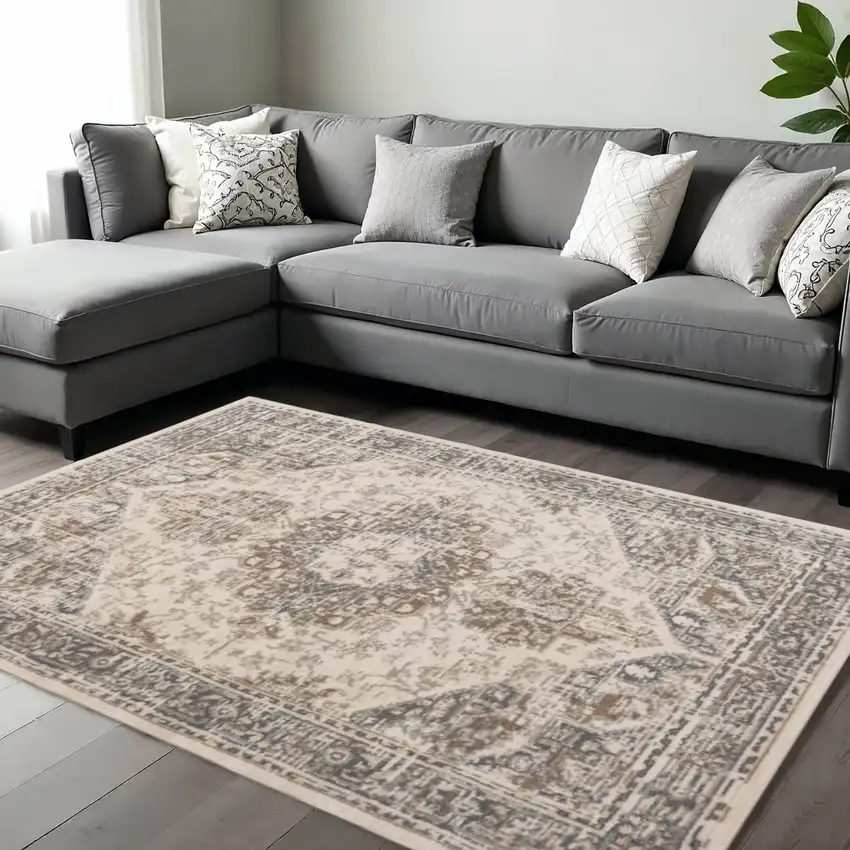 Gray And Beige Medallion Area Rug Photo 1