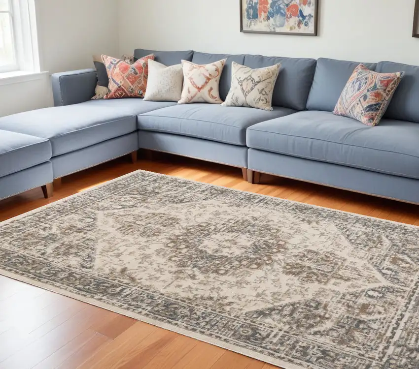 Beige Medallion Power Loom Area Rug Photo 1