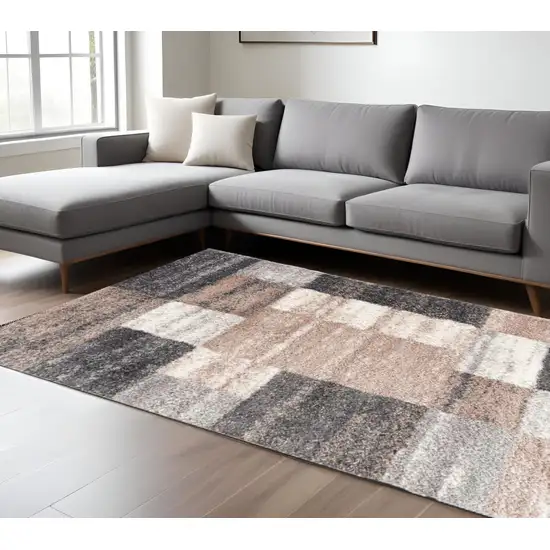 Beige and Ivory Patchwork Shag Area Rug Photo 1