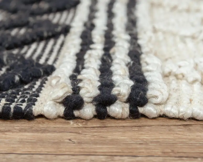 Beige Navy Blue And Blue Wool Geometric Hand Woven Area Rug Photo 6