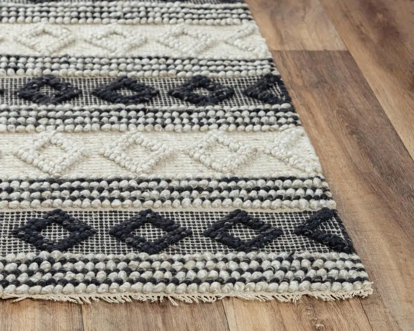 Beige Navy Blue And Blue Wool Geometric Hand Woven Area Rug Photo 3