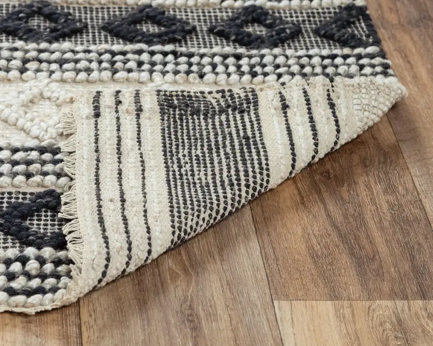 Beige Navy Blue And Blue Wool Geometric Hand Woven Area Rug Photo 7