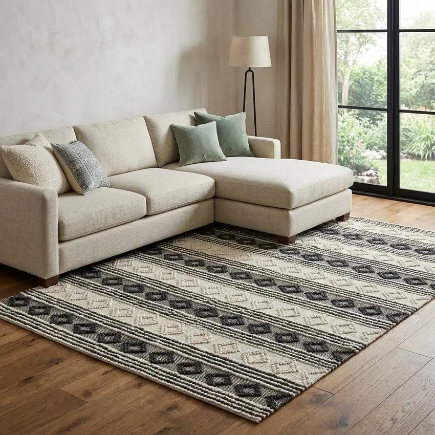Beige Navy Blue And Blue Wool Geometric Hand Woven Area Rug Photo 1
