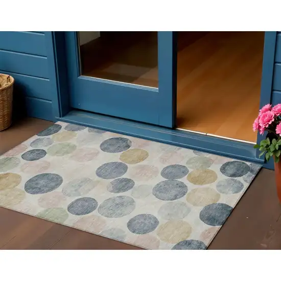 Beige Navy Blue And Gold Geometric Washable Indoor Outdoor Area Rug Photo 2
