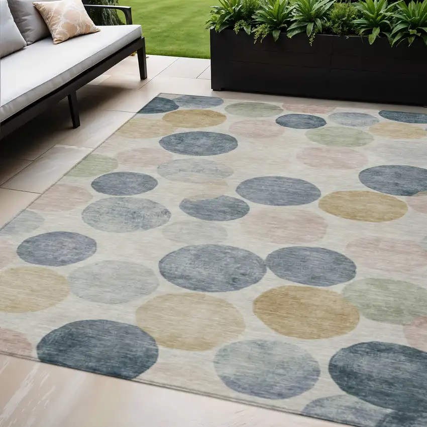 Beige Navy Blue And Gold Geometric Washable Indoor Outdoor Area Rug Photo 2