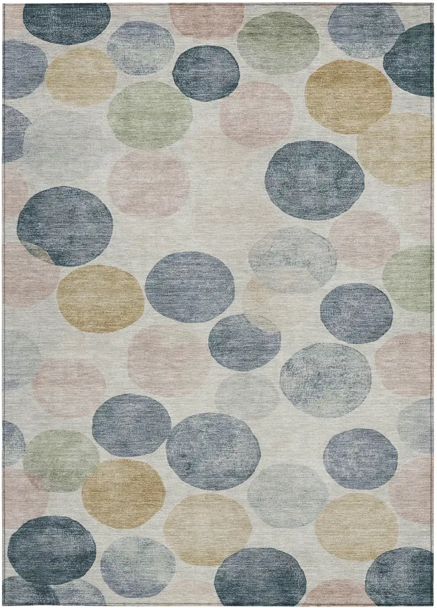 Beige Navy Blue And Gold Geometric Washable Indoor Outdoor Area Rug Photo 1