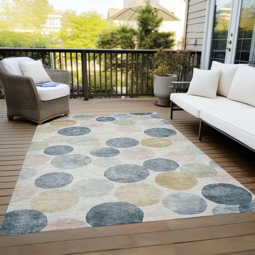 Beige Navy Blue And Gold Geometric Washable Indoor Outdoor Area Rug Photo 8