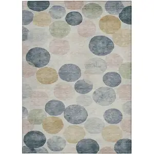 Photo of Beige Navy Blue And Gold Geometric Washable Indoor Outdoor Area Rug