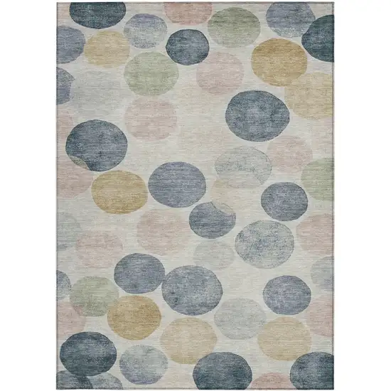 Beige Navy Blue And Gold Geometric Washable Indoor Outdoor Area Rug Photo 1