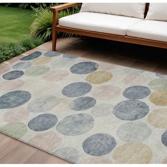 Beige Navy Blue And Gold Geometric Washable Indoor Outdoor Area Rug Photo 2