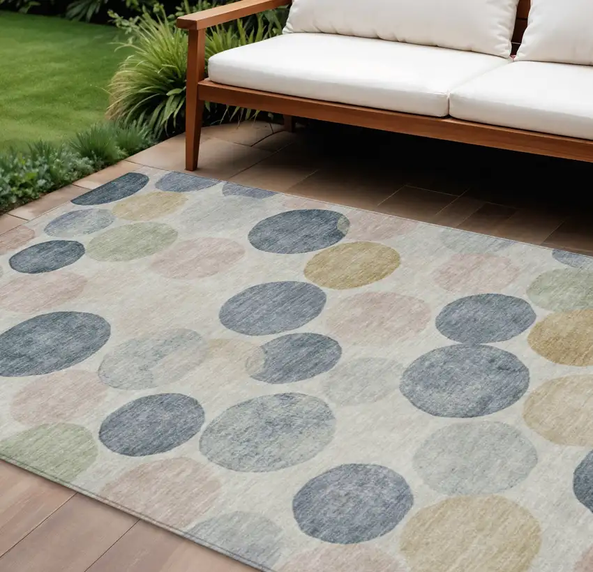 Beige Navy Blue And Gold Geometric Washable Indoor Outdoor Area Rug Photo 2