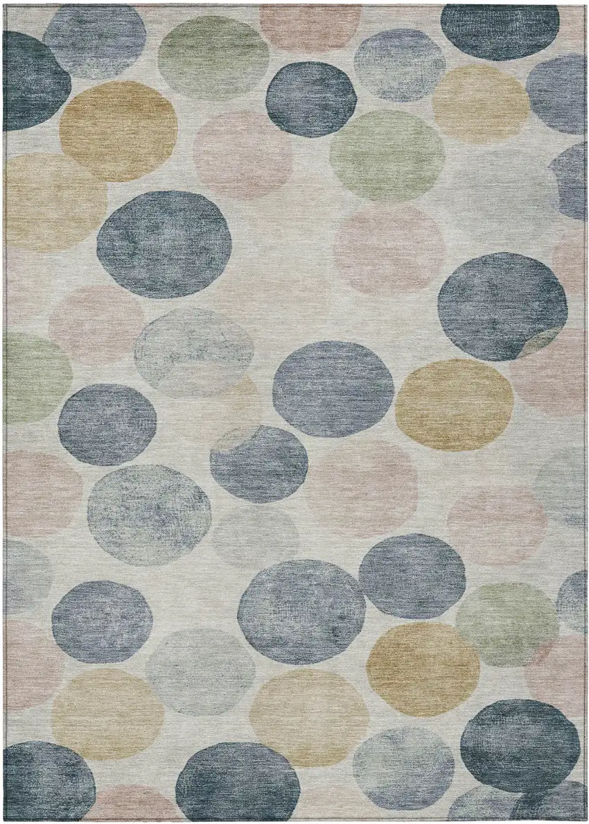 Beige Navy Blue And Gold Geometric Washable Indoor Outdoor Area Rug Photo 1