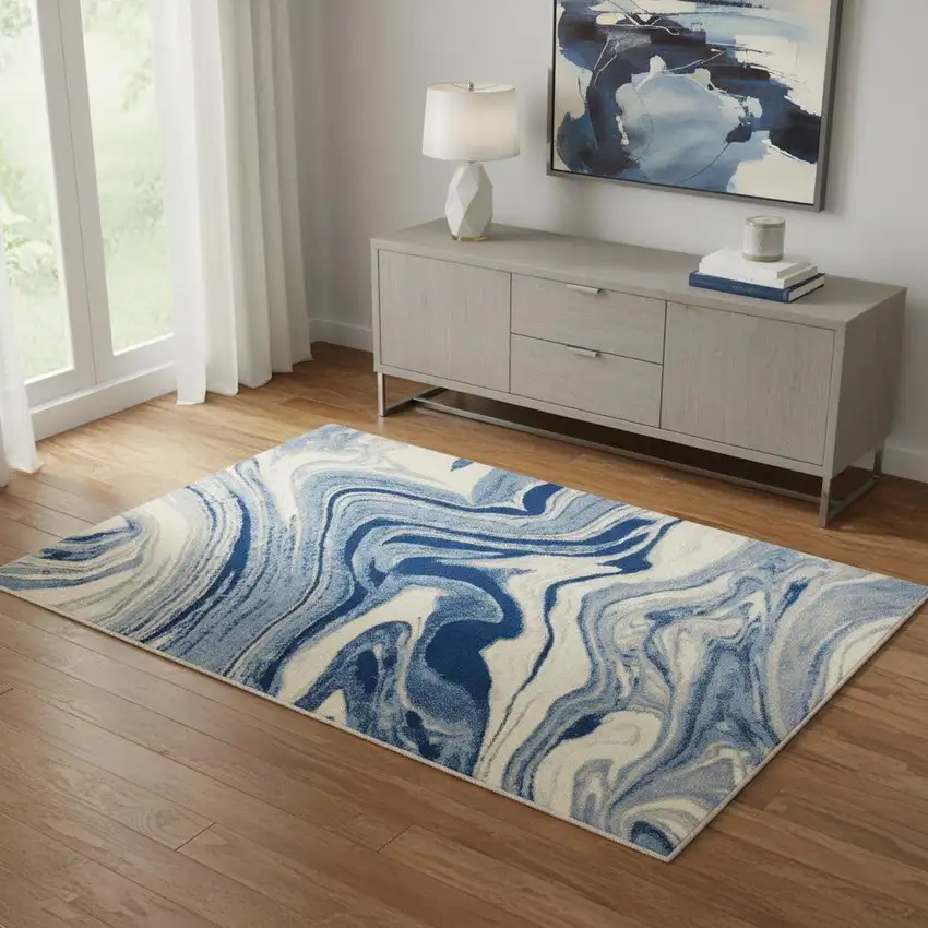 Beige Navy Blue And Light Blue Abstract Non Skid Area Rug Photo 1