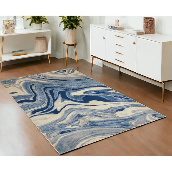 Beige Navy Blue And Light Blue Abstract Non Skid Area Rug Photo 1