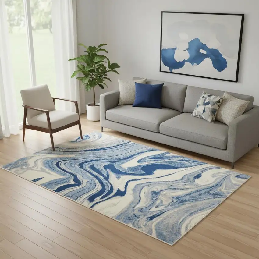 Beige Navy Blue And Light Blue Abstract Non Skid Area Rug Photo 1