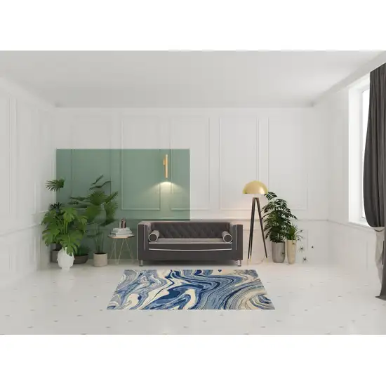 Beige Navy Blue And Light Blue Abstract Non Skid Area Rug Photo 1