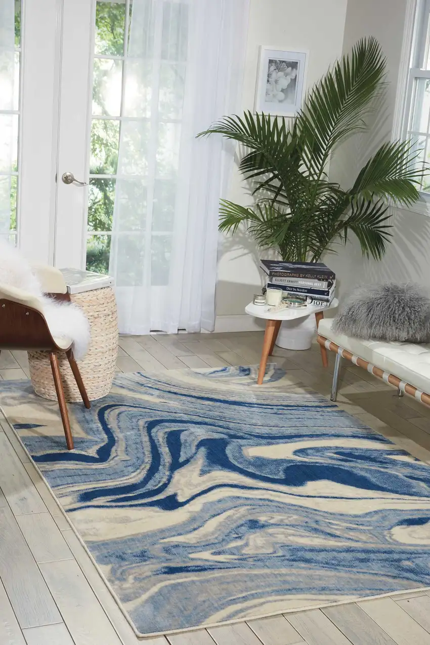 Beige Navy Blue And Light Blue Abstract Non Skid Area Rug Photo 4