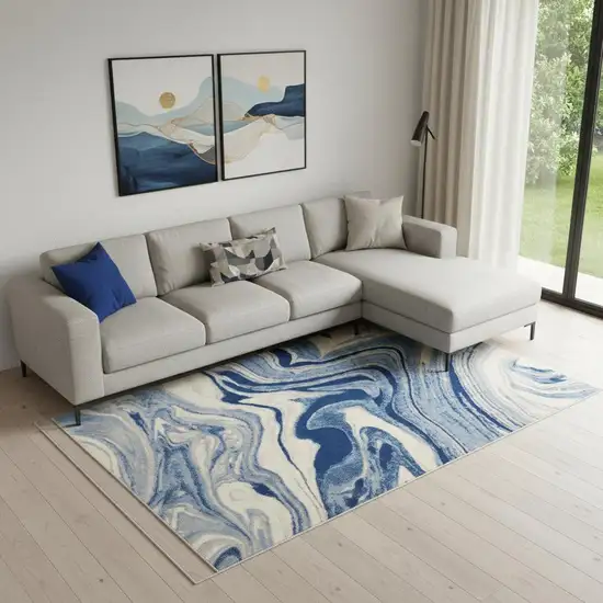 Beige Navy Blue And Light Blue Abstract Non Skid Area Rug Photo 1