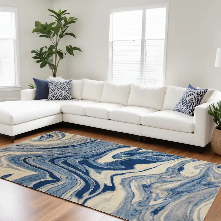 Beige Navy Blue And Light Blue Abstract Non Skid Area Rug Photo 1