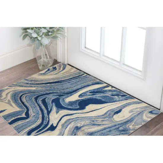 Beige Navy Blue And Light Blue Abstract Non Skid Area Rug Photo 1