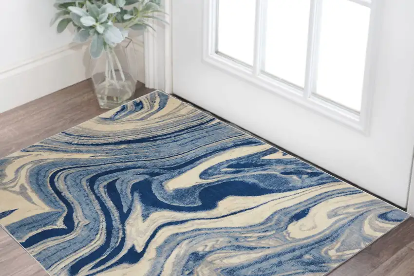 Beige Navy Blue And Light Blue Abstract Non Skid Area Rug Photo 1