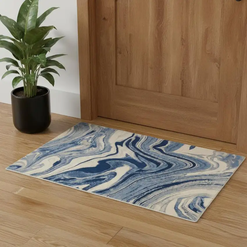 Beige Navy Blue And Light Blue Abstract Non Skid Area Rug Photo 1
