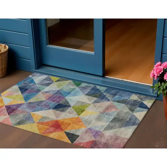 Beige Navy Blue And Orange Geometric Washable Indoor Outdoor Area Rug Photo 2