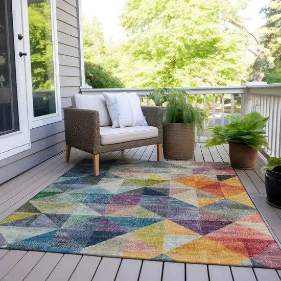 Beige Navy Blue And Orange Geometric Washable Indoor Outdoor Area Rug Photo 8