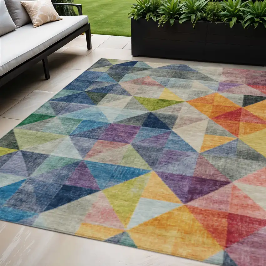 Beige Navy Blue And Orange Geometric Washable Indoor Outdoor Area Rug Photo 2
