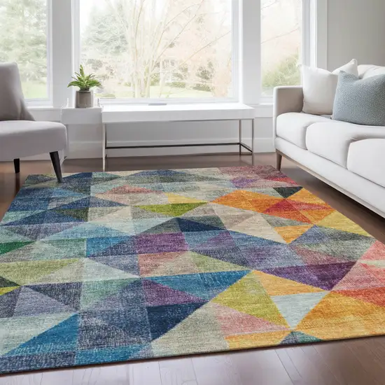 Beige Navy Blue And Orange Geometric Washable Indoor Outdoor Area Rug Photo 6