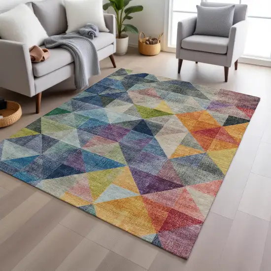 Beige Navy Blue And Orange Geometric Washable Indoor Outdoor Area Rug Photo 5