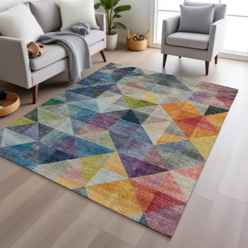 Beige Navy Blue And Orange Geometric Washable Indoor Outdoor Area Rug Photo 4