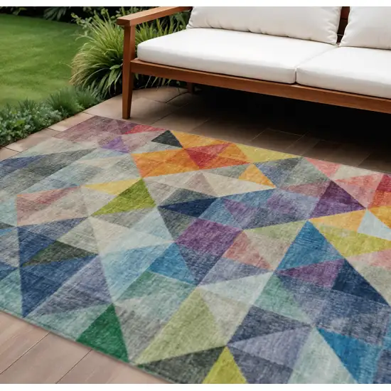 Beige Navy Blue And Orange Geometric Washable Indoor Outdoor Area Rug Photo 2